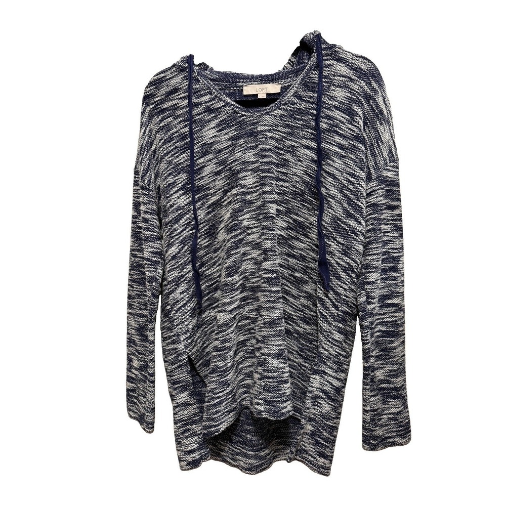 LOFT Womens Large Navy White Spacedye‎ Knit Hoodie Top Pullover V-Neck Sweater